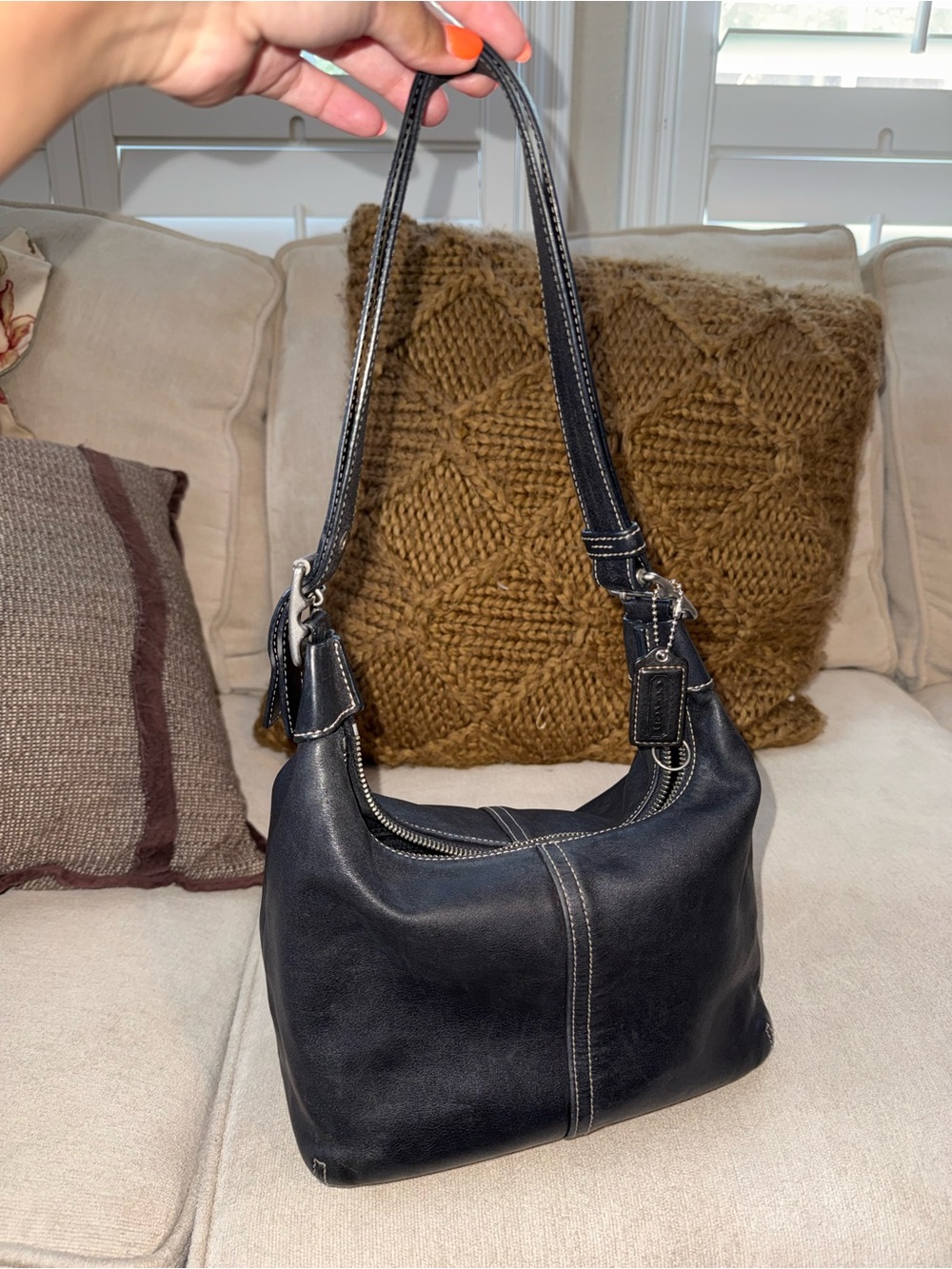 Vintage Coach Legacy Black Leather Hobo Bag with Contrast Stitching 9566